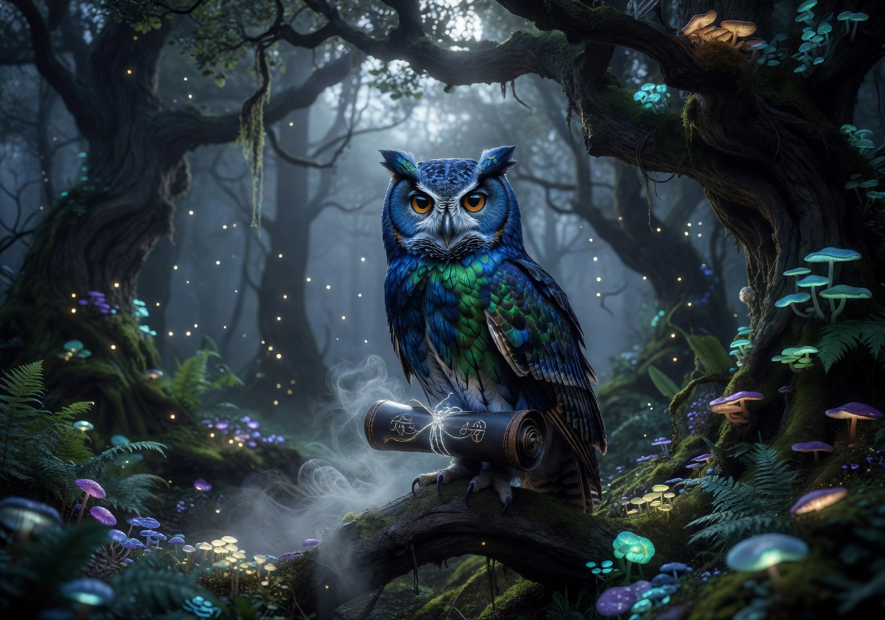Magical Owl sitting in mystic forest acting as messenger